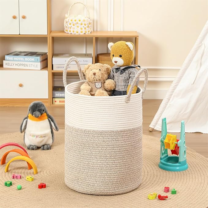 60L Large Woven Laundry Basket Hamper, 100% Natural Cotton Rope, Handwoven & Durable, Storage for Blankets, Toys, Clothes, Nursery Hamper for Living Room, Baby Room, Bedroom (Brown and White)