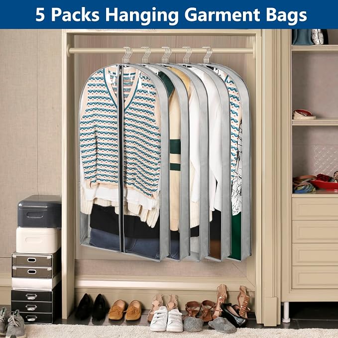 5 Pack 40" Garment Bags for Hanging Clothes Storage