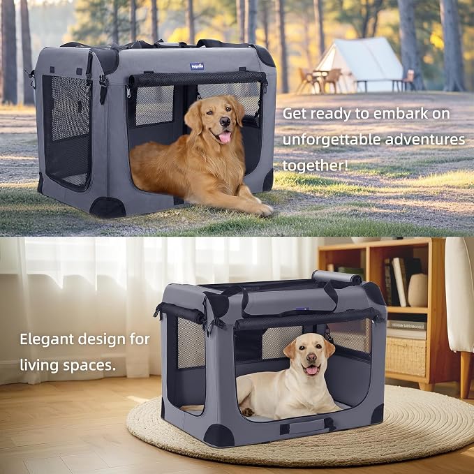 Petprsco Collapsible Dog Crate, 40 inch Portable Dog Crates for Large Dogs | Large Soft Foldable Dog Crate & Kennel for Travel, 3-Door with Sturdy Steel Frame & Durable Mesh Windows, Indoor/Outdoor