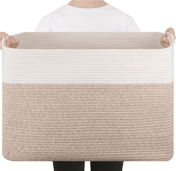 96L XL Large Cotton Rope Basket, Soft Toy Storage Bin for Nursery & Living Room, Decorative Blanket Basket for Bedroom, Baby-Safe Organizer for Pillows &Laundry, 24''×16''×15'', Brown & White