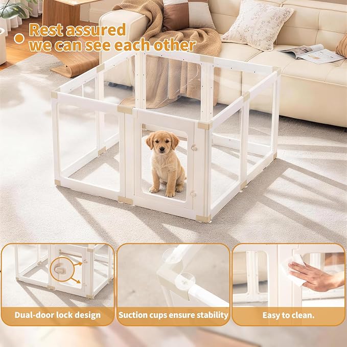 Acrylic Dog Playpen Indoor for Small Dogs & Puppies | Clear Transparent Pet Playpen, Easy Clean & Assemble, Modern No-Bar Design, Escape-Proof & Sturdy, 23.6", 8 Panels, White