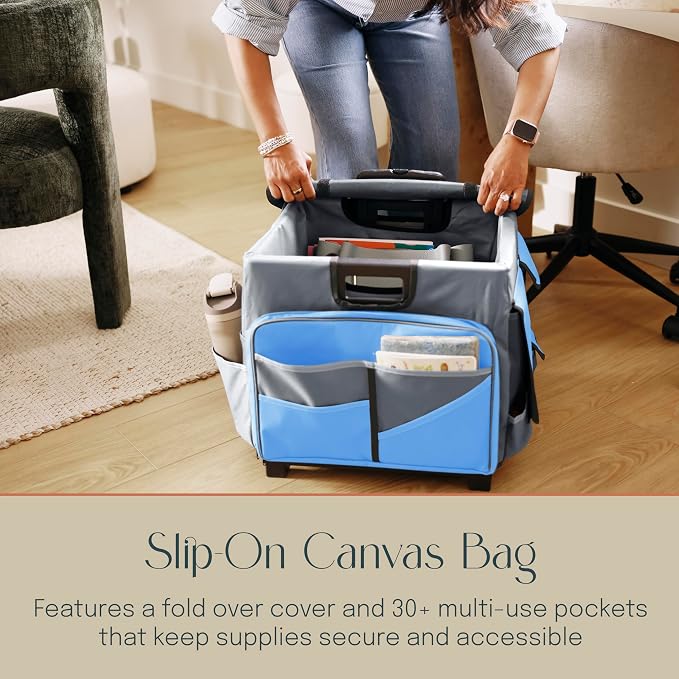 Folding Mobile Utility Cart, Canvas Organizer Bag, Blue/Grey | Durable plastic, 30 compartments, adjustable handle, 40 lb capacity, collapses to 3" thick, rolling wheels for easy transport