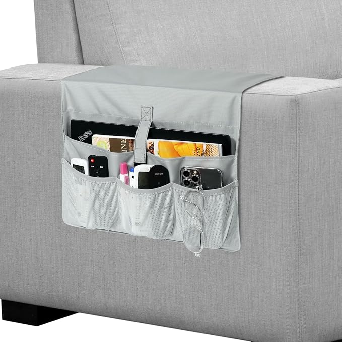 WOMACO Sofa Armrest Remote Magazine Holder, Non-Slip Armchair Recliner Caddy, Couch Arms TV Remote Control Organizer for Tablet, Phone, iPad, Laptop (Light Gray, 16" x 35")
