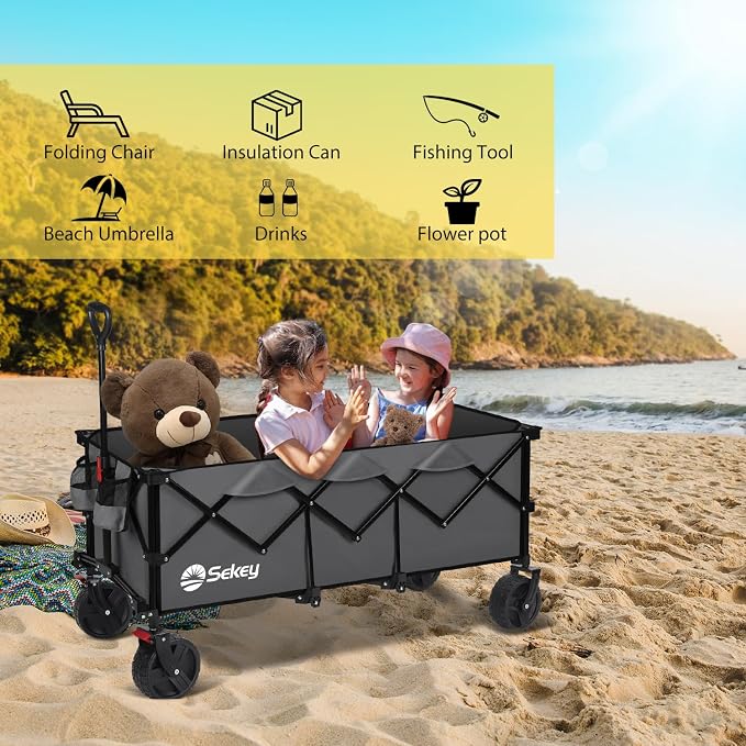 Sekey 48''L Collapsible Foldable Extended Wagon with 660lbs Weight Capacity, Heavy Duty 300L Folding Utility Garden Cart with Big All-Terrain Beach Wheels & Drink Holders. Grey