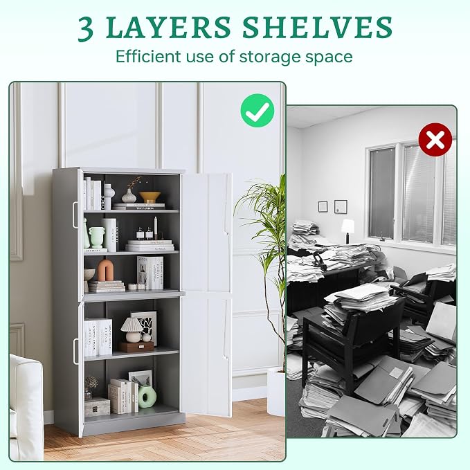 Metal Storage Cabinet with Lock Door, Adjustable Shelf Steel Cabinets for Office, Home,Pantry,Kitchen,Garage Utility Cabinet (4 Door-White&Gray)