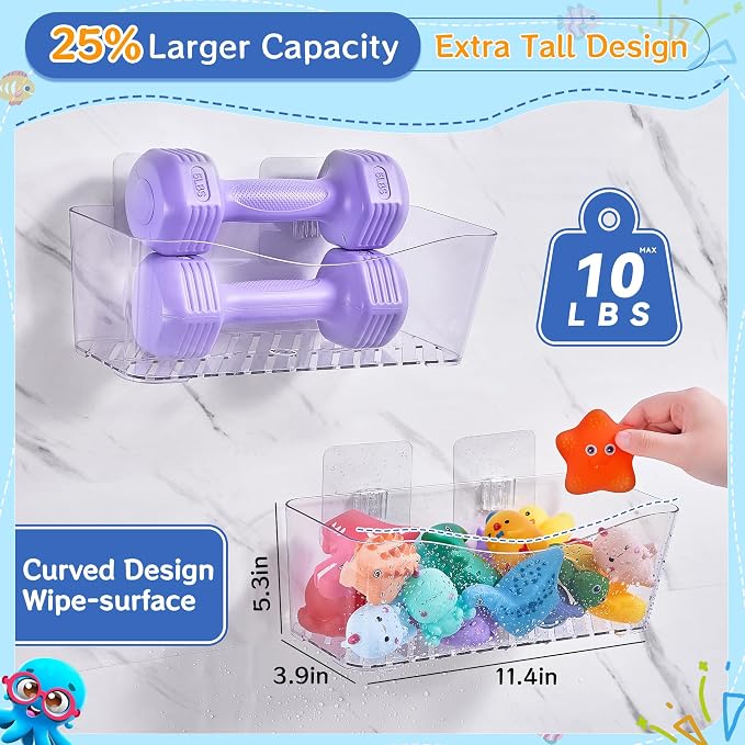 Antimbee Clear Bath Toy Storage 2 Pack, Large Bath Toy Holder (2 US Gal) | No Stains, Quick Dry, Adhesive Mount, Easy Scoop, Visibility, BPA-Free Bath Toy Organizer, Shower Caddy for Bathtub, Bathroom