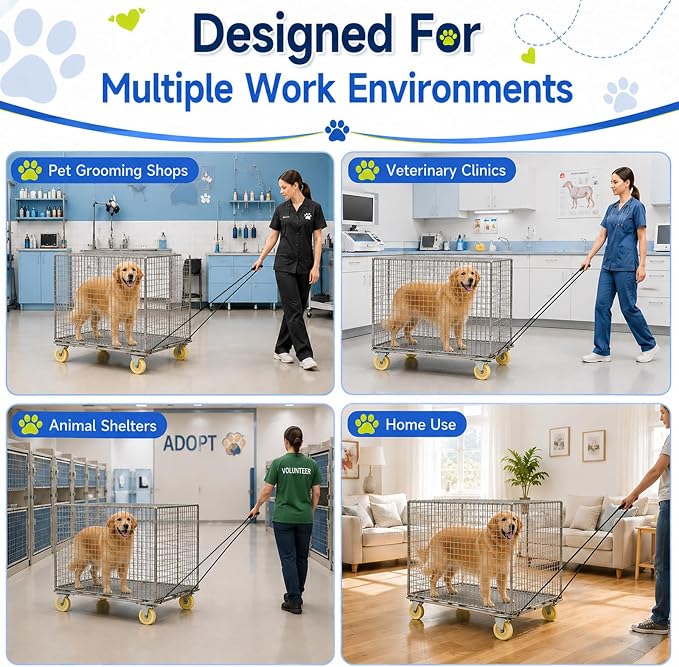 DaisyInner 42" x 24" Chrome Dog Cage Cart with Wheels Heavy Duty Kennel Trolley 330 Lbs Capacity with Removable Pull Rope and Handle Locking Casters for Vet Clinic, Grooming, Shelter