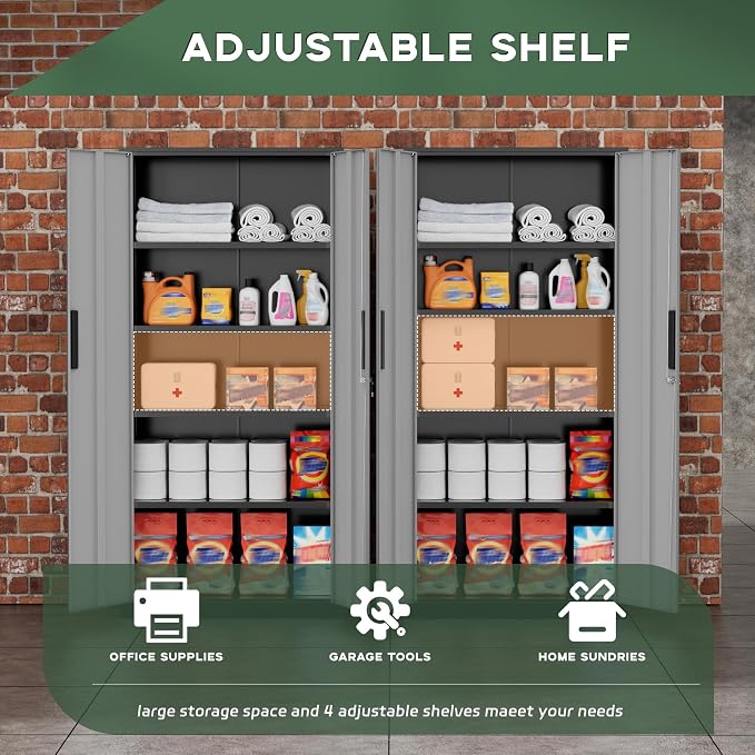 Greenvelly Metal Storage Cabinet,72" Locking Metal Garage Storage Cabinet with Doors and 4 Adjustable Shelves, Lockable Steel Cabinet for Home Office, Garage, Shop, School (Black Grey 32" W x 16" D)