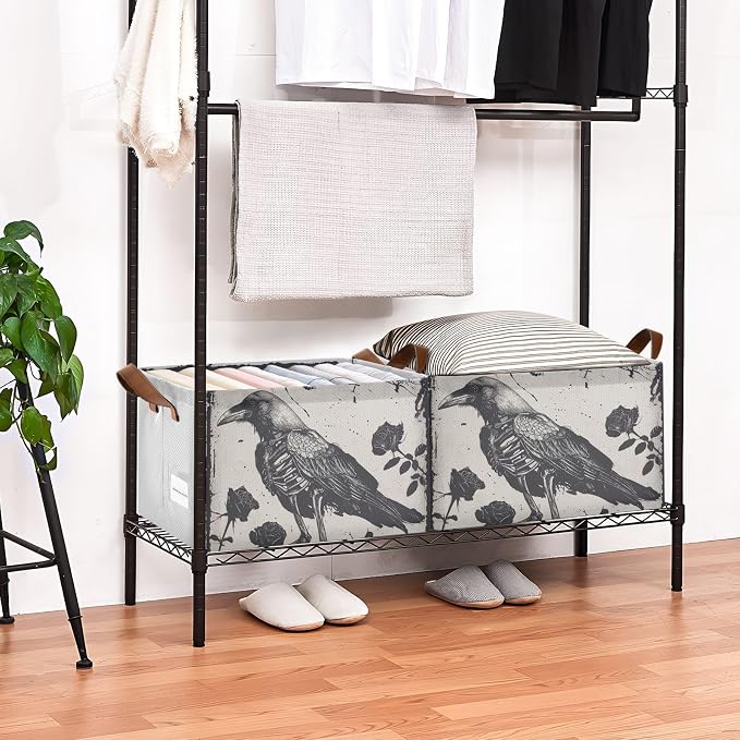 Gothic Skeleton Crow Roses Storage Bins for Shelves with Labels&Handles Fabric Organizer Bin Foldable Rectangle Storage Basket Boxes for Closet, Bathroom, Home, Living Room