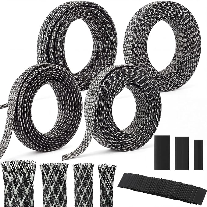 Tatuo 151 ft Braided Cable Sleeve Expandable Wire Sheathing(Silver, Black) | with 120 Heat Shrink Tubing 1/4 in 2/5 in 1/2 in 3/4 in Wire Sleeve Cord Management for Television Audio Computer Video Pets