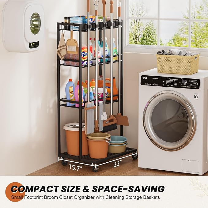 Olakee Taller Broom Holder with Cleaning Supplies Organizer, Broom Closet Storage Cabinet with Mop Hanger Gripper Rack Hooks, Housekeeping Janitorial Cart with Cleaning Caddy, Garage Home Improvement