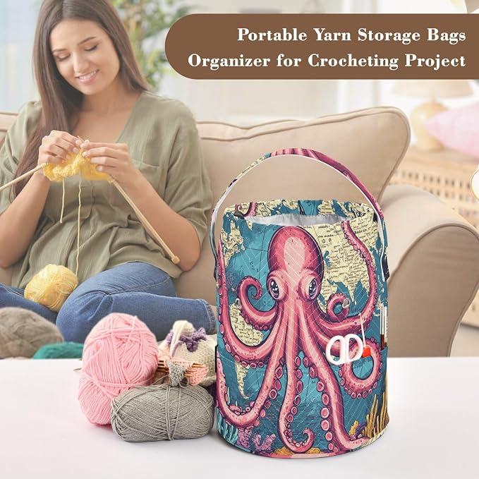 Tatenale Crochet Bag Yarn Bag Knitting Project Bag with Pockets and Handle Portable Yarn Storage Organizer Tangle Free 8.3x11 InchWorld Map Octopus Corals and Seaweeds28