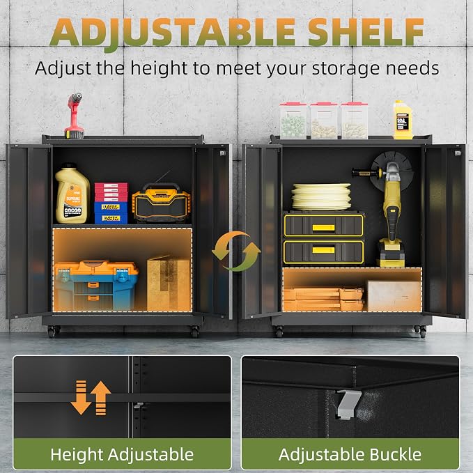 34''H Garage Storage Cabinet, Meatl Storage Cabinet with Lock | Tool Storage Cabinet, Steel Tool Cabinet with 2 Doors and Shelves for Garage, Warehouse, Assembly Required, Black