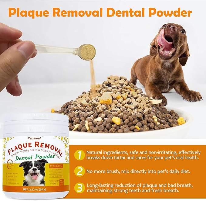 Petstoral Dental Cleaning Kit, Dental Care Wipes to Clean Plaque on The Surface of The Teeth, Beef Liver Flavour Dental Powder with Probiotic to Solve Oral Problems from The Inside of Digestion