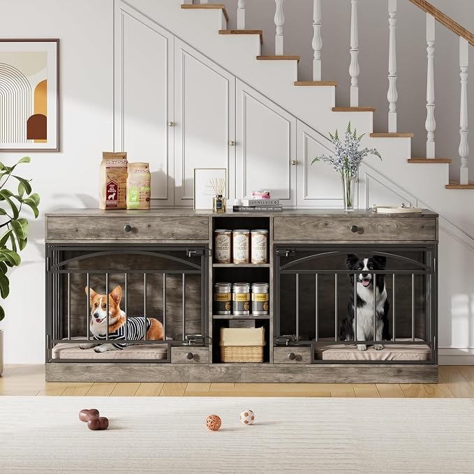 Dog Crate Furniture for 2 Dogs, Double Dog Crate TV Stand, Gray | 78.7'' Large Dog Kennel Indoor, 2 Storage Drawers, 3 Shelves and Feeding Bowls, Pet Kennel for Small and Medium Dogs