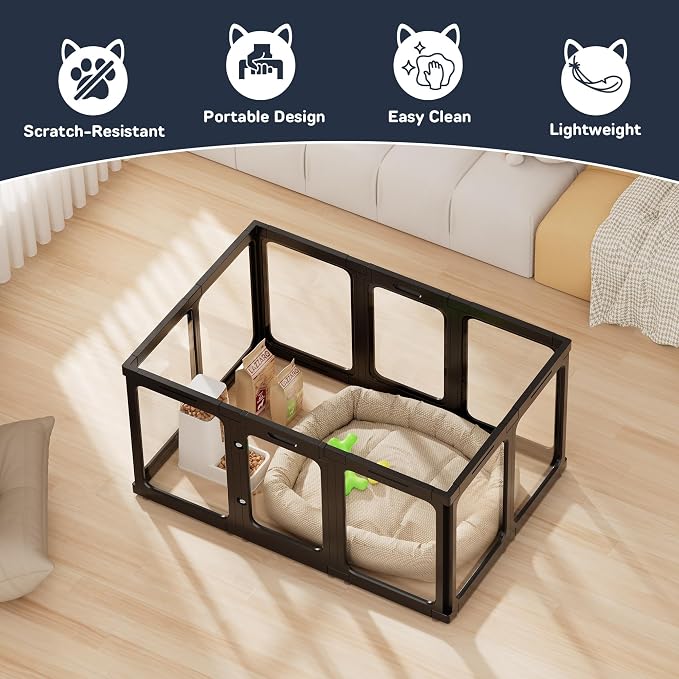 Jalove 24“ H Acrylic Dog Playpen Indoor, Relieves Pet Anxiety | Ideal for Small Dogs,Plastic Pet Playpen with Door, Clear Pet Play Pen for Puppy Rabbit, Easy Assemble Dog Pen, Black 10 PCS