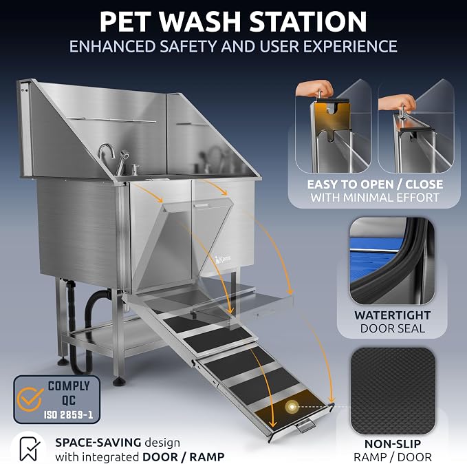 Professional Dog Washing Station 304 Stainless Steel Pet Wash Sink | Grooming Bathtub w/Shower, Floor Grates and Storage for Large, Medium & Small Pets