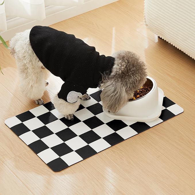 Ralxion Checkered Dog Feeding Mat, Absorbent Mats for Dog Food and Water Bowl, Dispenser, Modern Aesthetic Black White Checkerboard Pet Placemat for Dogs, Cats, Puppy Accessories, 12" X19”