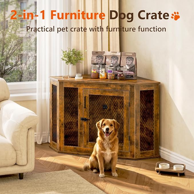 52" Corner Dog Crate Furniture, Wooden Dog Kennel Indoor | Corner Dog Kennel Furniture for Medium-Large Dogs, Brown Space-Saving Decorative Indoor Pet House with Mesh Door & Lock