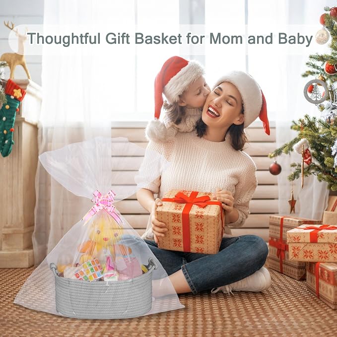 COMSE Small Gift Basket Empty with Bag & Ribbons, Solid Cool Gray | Cotton Rope, 12"x 8"x 5", Pet Toy Storage Organizer, Woven Basket for Birthdays, Baby Showers, Mother’s Day, Valentine’s Day