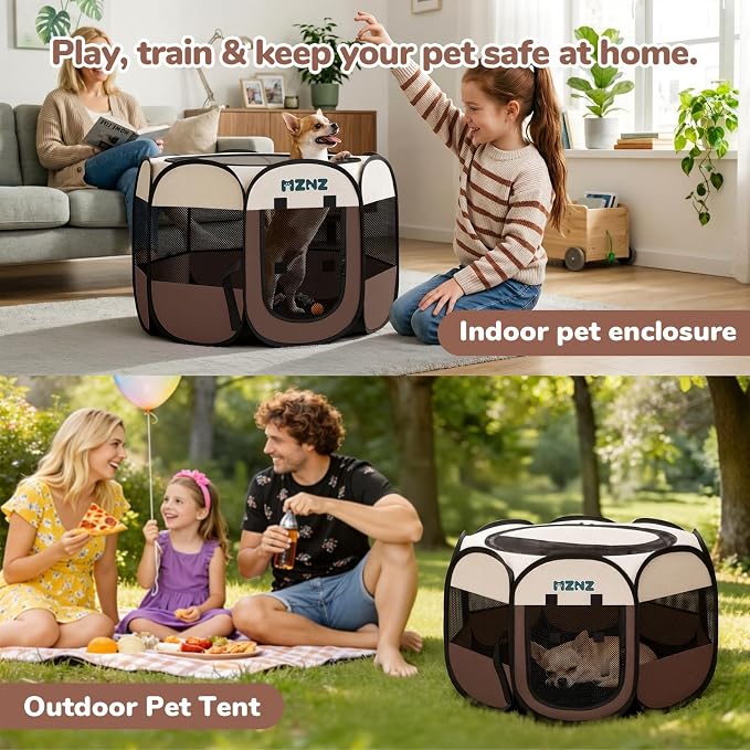 Dog Cat Small Animal Puppy Playpen Crate, Small, Brown | Portable Pop Up Pet Cage Enclosure Tent Kennel Indoor Outdoor with Carrying Case, No Assembly, Camping Use