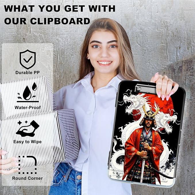 A4 Clipboard with Storage Pen Holder, Clipboards Organizer Nursing Clipboard Foldable File Folder Plastic Clipboard Folio Clip Board for Office Work Classroom Doctor, Warrior Dragon Sunset