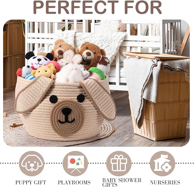 Zopeal Woven Dog Basket with Handles for Toy Storage,Khaki,13 x 8 Inch | Pet Gift Basket, Toys Storage Organizer, Cotton Rope Rectangular Bin, Keeps Puppy Items Organized, Sturdy Handles