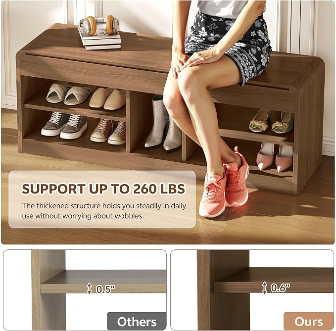 Shoe Storage Bench with Flip-Open Box & Shelf, Walnut | 47.2in Bench Fits Hallways, Bedrooms And Living Room, With Sturdy Wood Construction For Daily Use