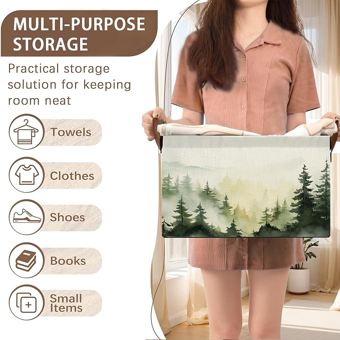 Woodland Mist Storage Basket Large 17x11.5x10.5 Inche-Collapsible Fabric Organizer Bin with Handles for Rustic Decor, Nursery, Cottage - Foldable Decorative Hamper with Foggy Forest Design-Single Pack