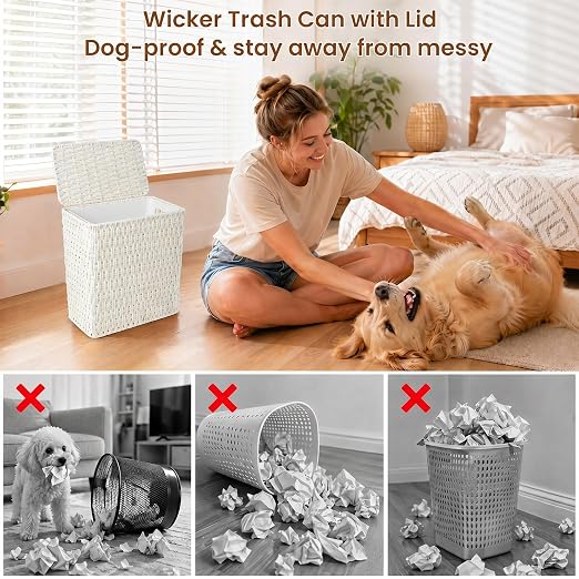 Wicker Trash Can,3 Gallon Bathroom Trash Can with Lid,Handwoven Paper Rope Rattan Waste Basket with Removable Liner and Built-in Handles for Bedroom,Toilet,Narrow Spaces,White