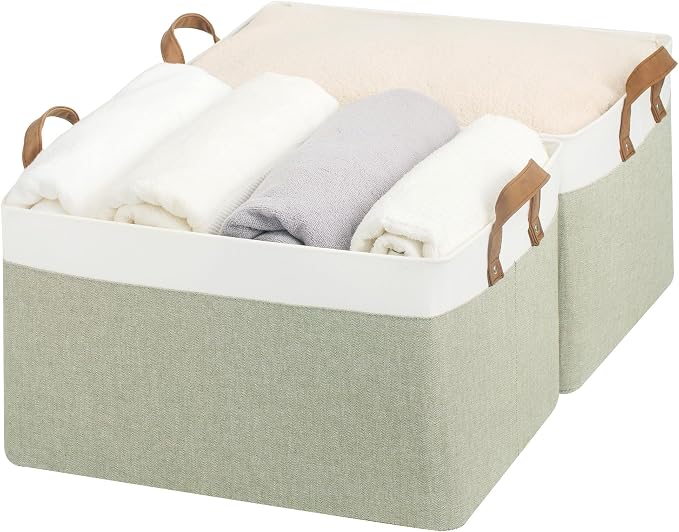 StorageWorks Closet Storage Bins, Green and White, Extra Large, 2-Pack | With Reinforced PU Handles, Metal Frame, Collapsible, Storage Basket for Shelves, Closet, Holds Clothes, Towels, Blankets
