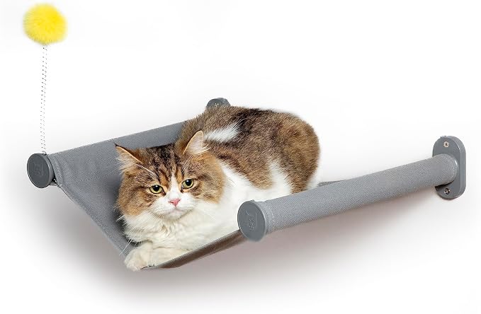 Wall Mounted Cat Hammock with Toy, Easy-to-insall Cat Wall Shelf with Soft Pad on This Premium Kitty Furniture, Modern Design. Easily Supports up to 40 lbs (Easy-Install, Dark Grey)