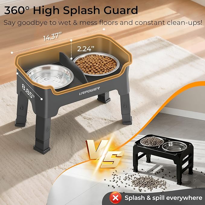 URPOWER Mess Proof Elevated Dog Bowls 4 Height Adjustable Raised Bowl Stand with 2 Stainless Steel Dog Bowls Non-Slip Food and Water Bowl Set for Small and Medium Dogs,Grey