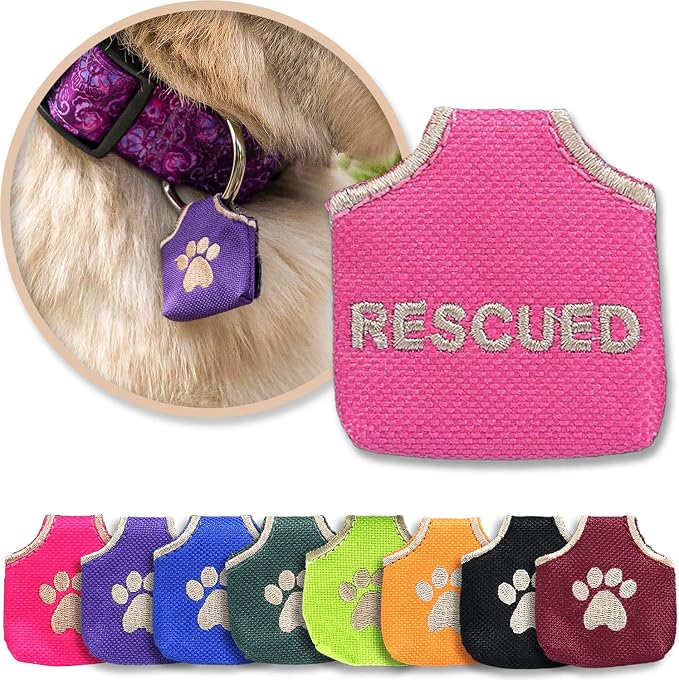 Woofhoof Dog Tag Silencer, Pink Rescued - Quiet Noisy Pet Tags - Fits Up to Four Pet IDs - Dog Tag Cover Protects Metal Pets IDs, Made of Durable Nylon, Universal Fit, Machine Washable