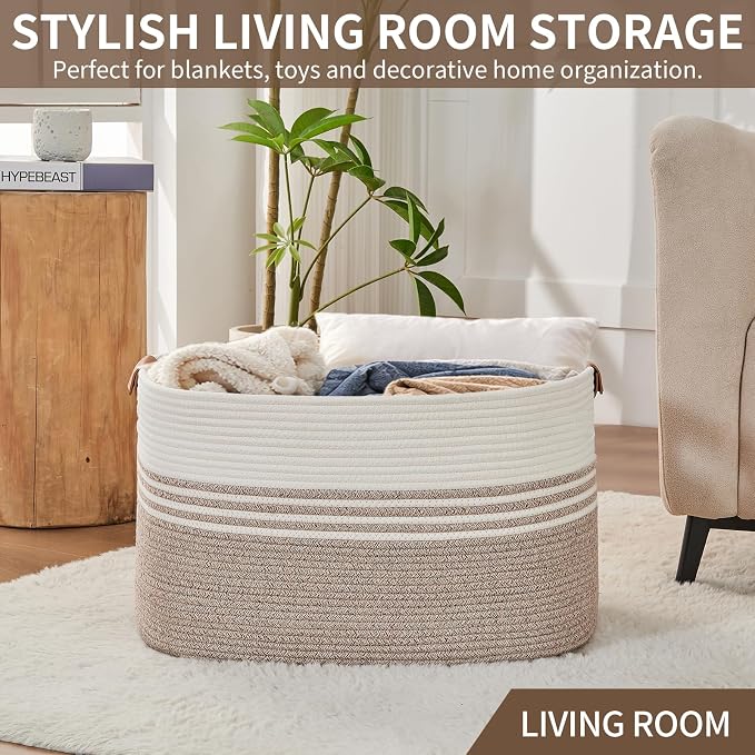 Laundry Hamper with Handles, 72L Rope Laundry Basket, Light Brown | Cotton rope clothes hamper with leather handles holds blankets, pillows, toys and laundry in nursery, bedroom or living room
