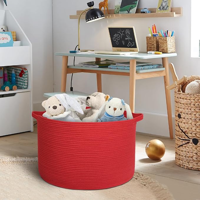 Extra Large Red Basket for Organizing, 22" X 22" X 14" Woven Cotton Rope Bins for Blankets, Baby Nursery Wicker Laundry Basket, Kids Dog Toy Storage Box, Big Red Living Room Decor Organizer