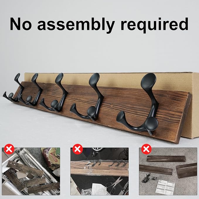 SKOLOO 30-Inch Wood Coat Rack Wall Mount with 5 Triple Hooks - Ideal for Family Entrances, Classrooms, and Pet Supplies Storage - Perfect Coat Hooks for Wall,Charred Golden Brown, Pack of 2