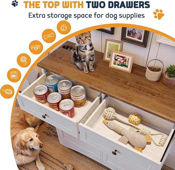 Double Tilt Out Trash Can Cabinet with Dog Bowl, 10 Gallons Dog Food Storage Cabinet, Hidden Trash Can Cabinet with Hideaway Drawer for Kitchen, Living Room (White Grain, Double Door)