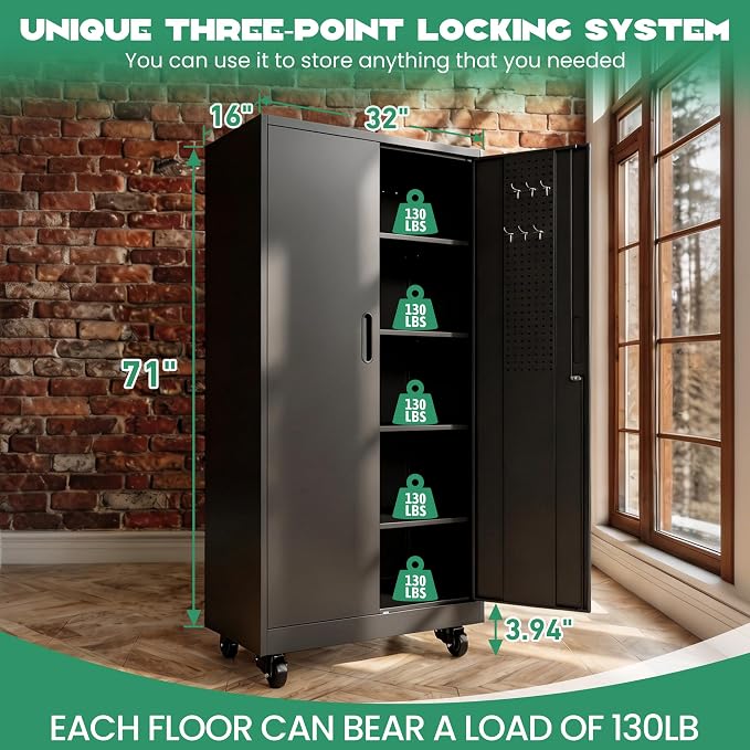 Rolling Tool Cabinet with Pegboard, 71" Tool Cabinets with 4 Adjustable Shelves for Garage, Tool Room, Assembly Required(Black)