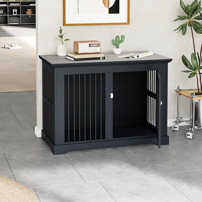 44" Wooden Dog Crate Furniture,Large Kennel Pet Cage End Table for Indoor | for XXL XL Medium Dogs, Grey, Fits Living Room Bedroom, Heavy Duty Steel Frame with Lock 100 lbs Cap, 100 lbs Top.