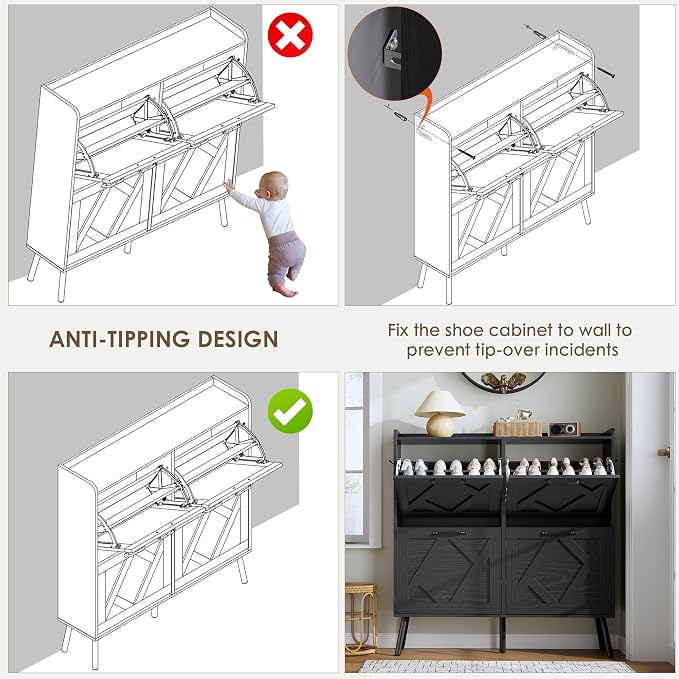 Shoe Cabinet with 4 Flip Drawers, Hidden Shoe Rack Cabinet with Metal Legs, Farmhouse Narrow Shoe Storage Cabinet for Entryway, Foyer, Hallway, Black