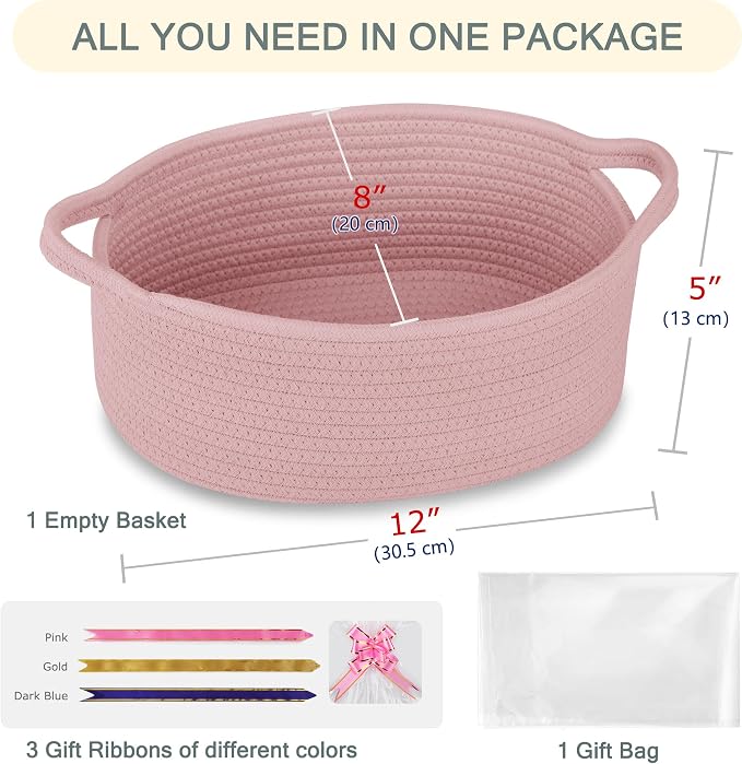 COMSE Empty Small Gift Basket with Bag & Ribbons, Dusty Pink | Cotton Rope, 12"x 8"x 5", Baby Toy Organizer, Stores Small Items for Bedrooms, Nurseries, Bathrooms, Living Rooms, Offices