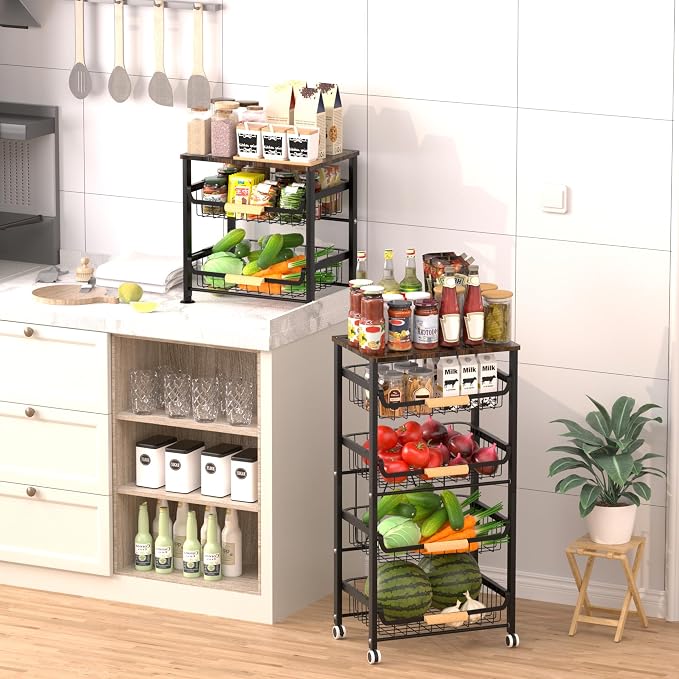 Fruit Vegetable Basket for Kitchen,5 Tier Pantry Organizers and Storage,Snack Organizer for Countertop,Pantry Cart,Metal Wire Storage Shelf Organizer Baskets for Kitchen, Pantry, Bathroom