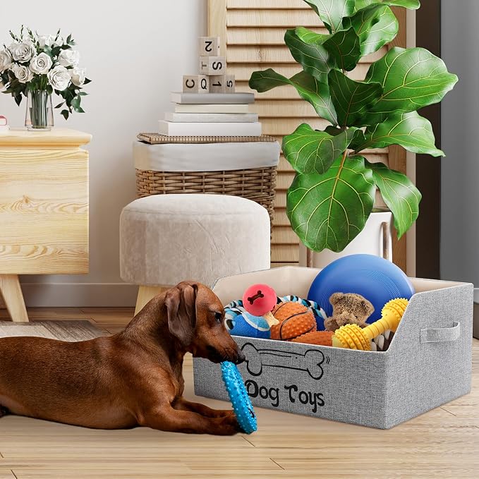 2X Thicker Large Dog Toy Basket, Collapsible Pet Dog Toys Storage Bin Box | Fabric Trapezoid Dog Toy Organizer With Handle for Small Medium Dog for Pet Toys, Blankets and Accessories