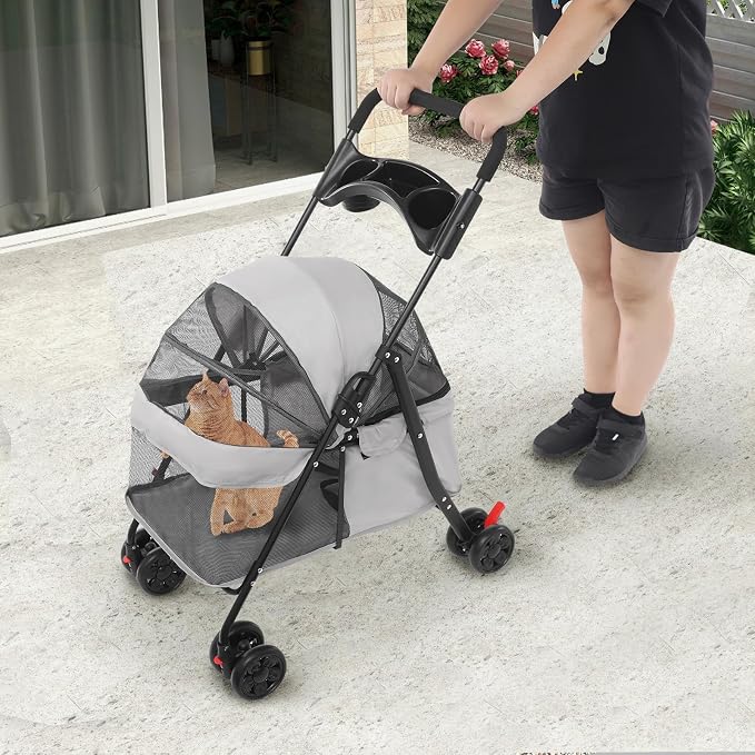 Pet Stroller for Small Medium Dogs Cats 40 lbs, Foldable Dog Stroller with Storage Basket and Cup Holder, Portable Pet Travel Cart with Breathable Mesh Canopy (Light Gray)