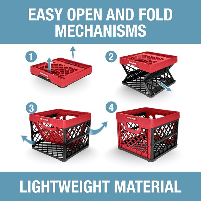 CleverMade Collapsible Milk Crate, Red, 1PK - 25L (6 Gal) Stackable Storage Bins, Holds 50lbs Per Bin - Clevercrates are Heavy Duty, Plastic Collapsible Storage Crate for Multi Purposes | Organize Files, Groceries, and Gear in One Crate | Built-In Rail...