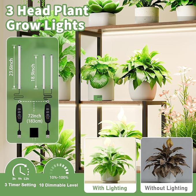 MJOMKN Large Plant Stand Indoor with Grow Light, 72" Tall, 5 Tiers | Metal Plant Shelf, 12 Pots Holder, Heavy-Duty Rectangle Display Rack, For Living Room, Patio, Corner