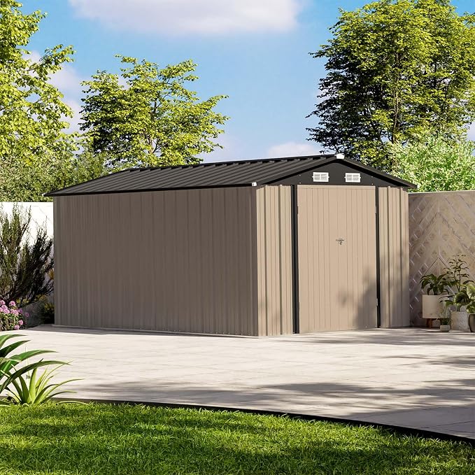 Patiowell 8x12 FT Outdoor Storage Shed, Brown | Steel Shed Storage House, Lockable Doors Design, Utility and Tool Storage, Garden, Patio, Backyard, Outside Use