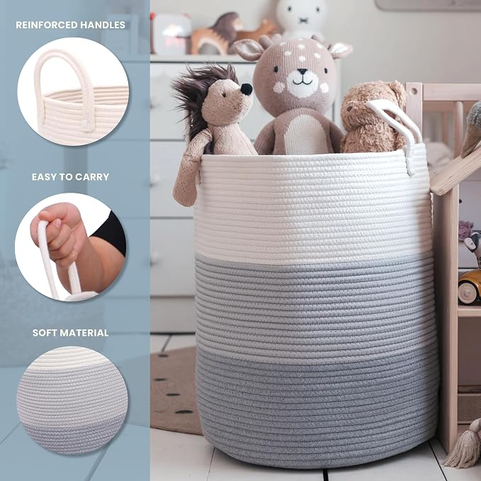 OrganiHaus Tall Cotton Rope Laundry Basket & Hamper, Blanket Storage 52L | 3-Toned Gray - Tall Cotton Rope Hamper, 52L