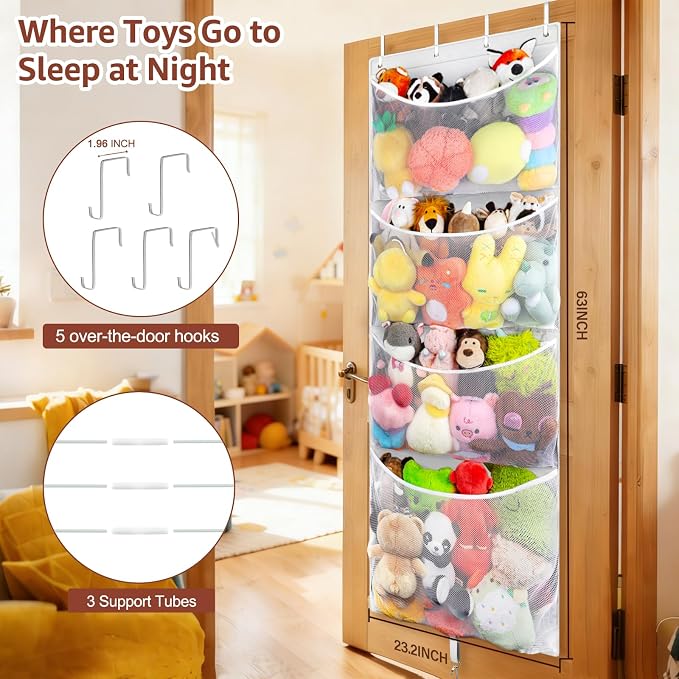 Over Door Stuffed Animal Storage, Hanging Plush Toy Organizer Holder | Behind Door Organizer with 4 Large Pockets, Mesh Hammock Bag for Doll & Bear Stuffies, Idea for Girl Boy Kid Nursery Closet